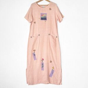 VTG 80s Donna 100% Linen Teacher Dress Size M Painted Design Pockets Artsy